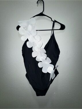 One-Shoulder Black Girls' Swimsuit with White Floral Trim